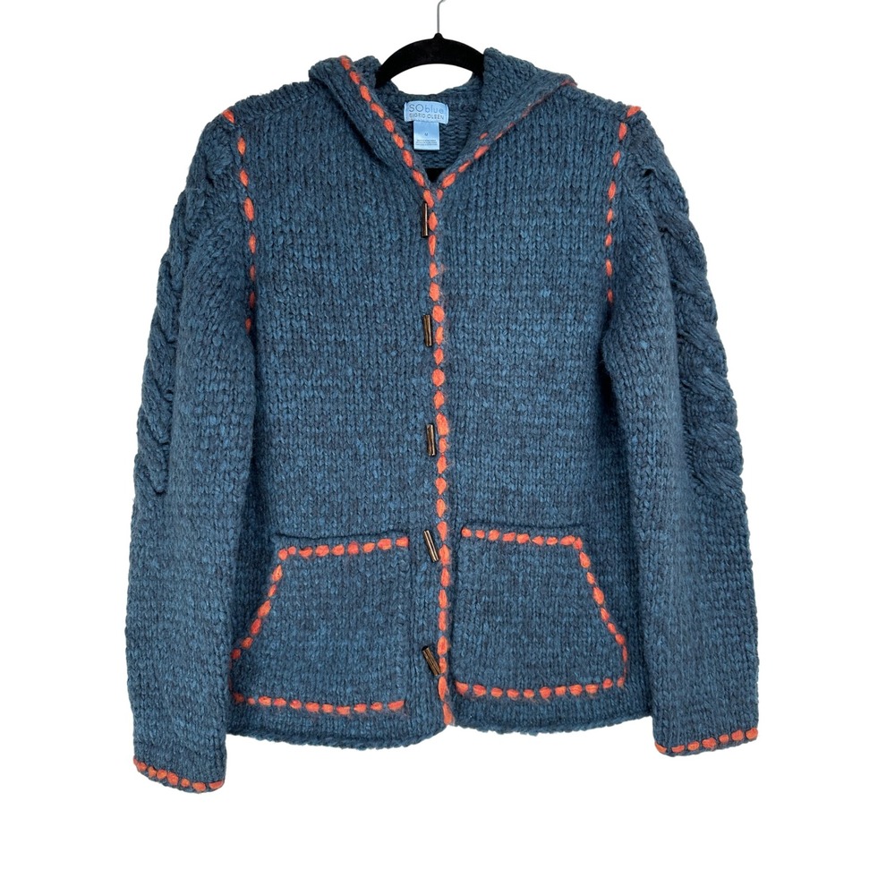 Sigrid Olsen SOblue Womens Blue Wool Blend Chunky Knit Toggle Hooded Cardigan M